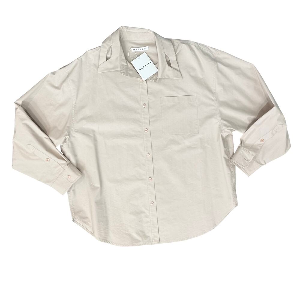 Moonlee Beige Collared Cut Out Button Up Blouse Oversize Top Size L NEW Tags - Picture 2 of 13